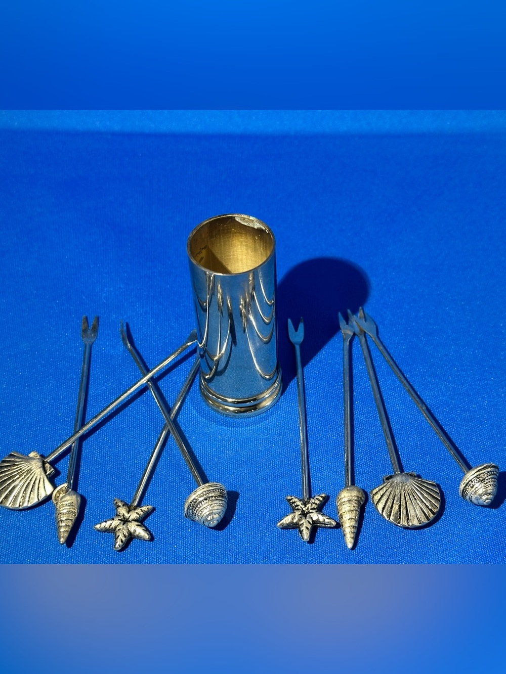 Vintage Pewter Cocktail Picks Coastal Beach Theme Set of 8 Holder 2.5” tall - Picture 3 of 5